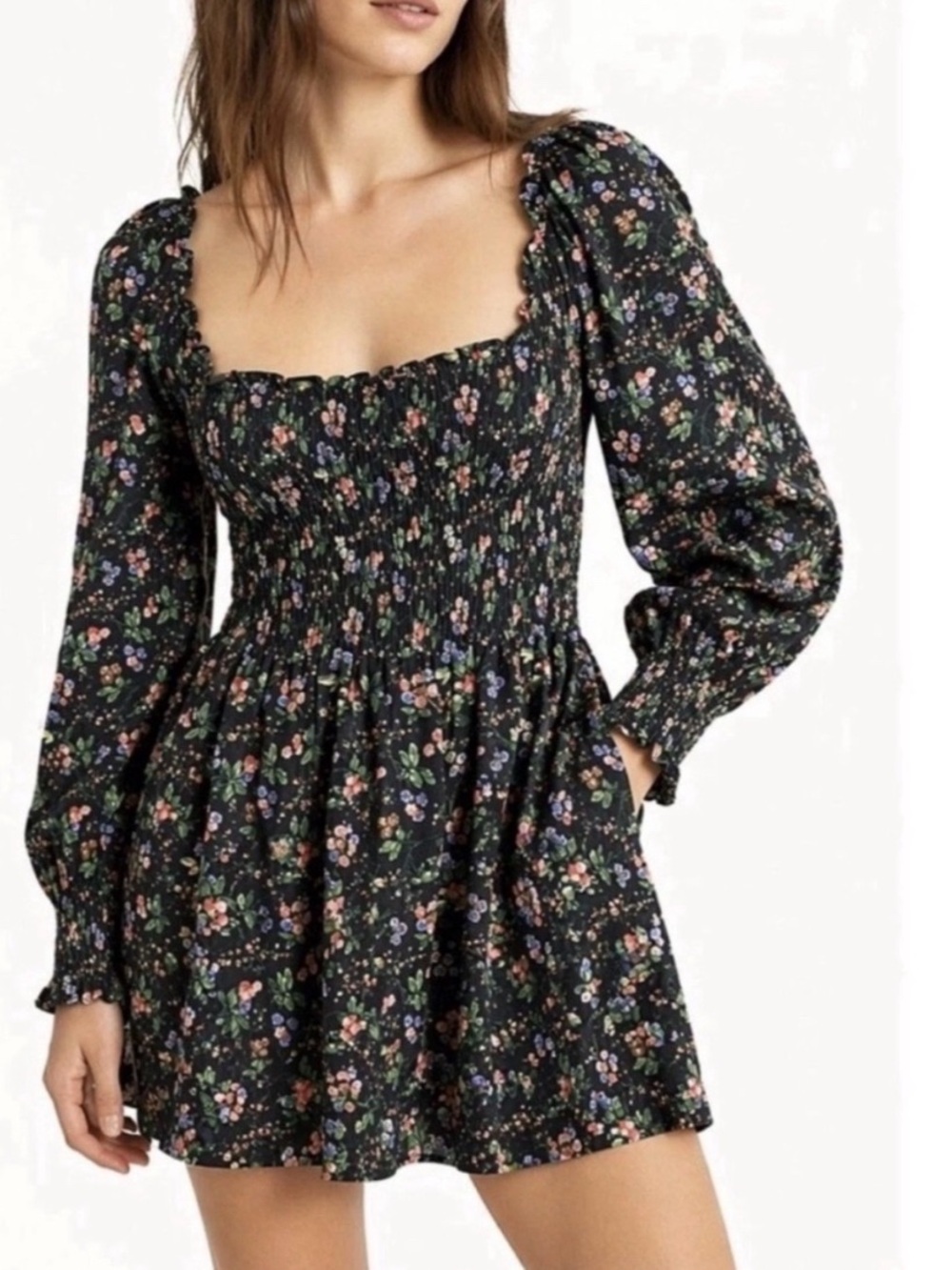 Hill House Norah Nap Dress Berry Floral Crepe Mini Long Sleeve Dress